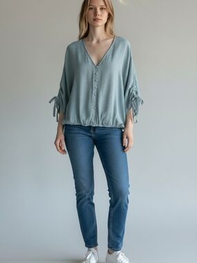 lovestitch Dusty Blue V-Neck Button-Front Blouse with Tie Sleeves